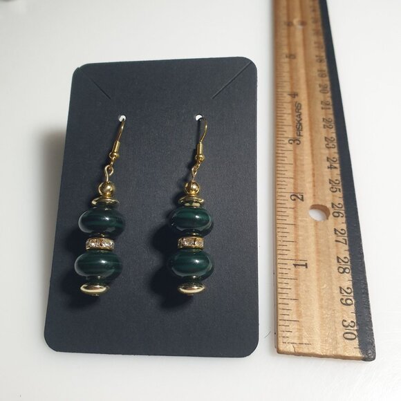 Gold Hook Green Beaded Dangle Earrings Handmade Jewelry Rhinestone Accents Gift - Picture 3 of 4